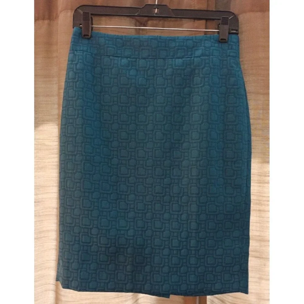 Women's Ann Taylor Teal/Blue Square Print With Shimmer Detail Pencil Skirt Sz 2 - Picture 1 of 6
